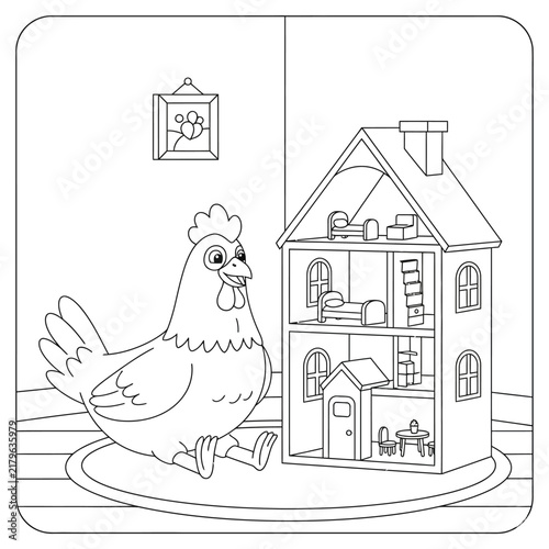 Cute Cartoon Chicken Standing Beside a Dollhouse, Farm Bird and Miniature Home Coloring Page, Hand Drawn Line Art for Kids
