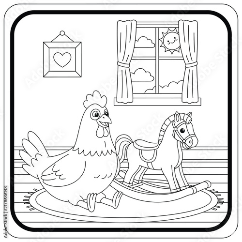 Cute Cartoon Hen with Rocking Horse in Cozy Nursery, Children’s Coloring Page with Window, Heart Decor and Hand Drawn Line Art
