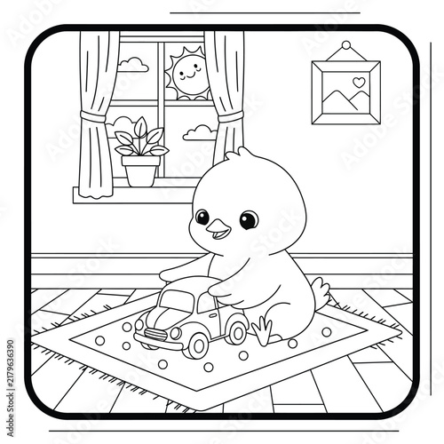 Cute Baby Duck Playing with Toy Cars on a Play Mat, Cartoon Animal Coloring Page with Cozy Interior, Window and Plant