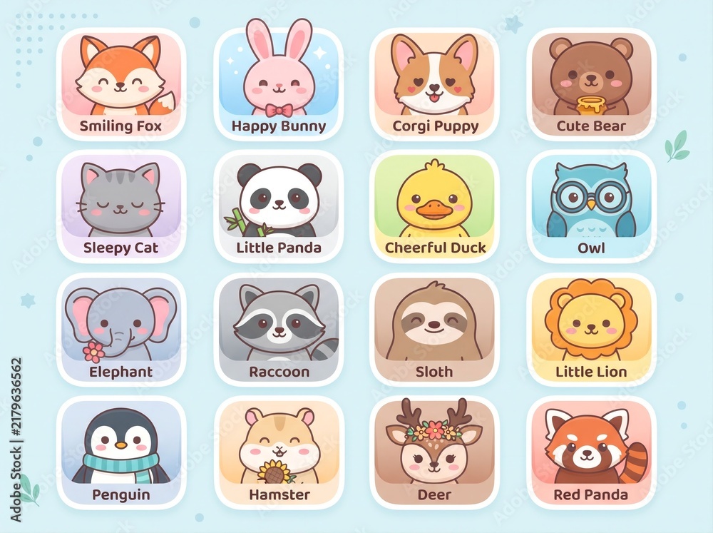 Obraz premium Cute Kawaii Baby Animals Set, Cartoon Wild and Domestic Animal Avatars