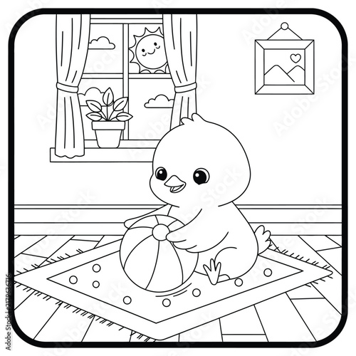 Cute Baby Duck Playing with a Ball, Cartoon Animal Coloring Page with Cozy Indoor Room, Window and Plant, Hand Drawn Line Art