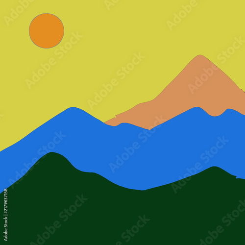 Simple Mountain Landscape with Blue Water and Orange Sun