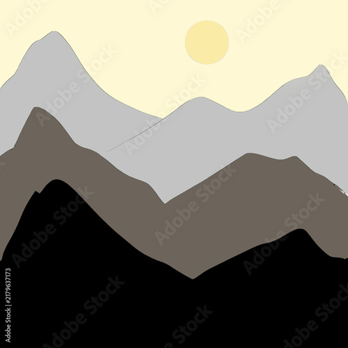 Minimalist Layered Mountain Landscape with Sun