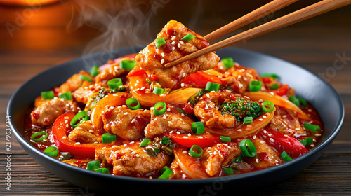 Spicy Asian Chicken Stir Fry Lifted with Chopsticks Created with Generative AI Technology AI Generative