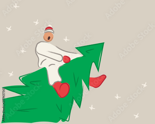 surprised person riding a christmas tree in winter illustration