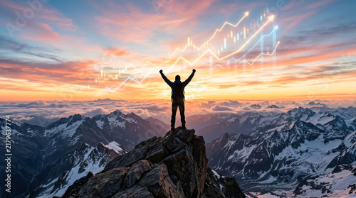 Hiker on Mountain Peak with Financial Success Chart