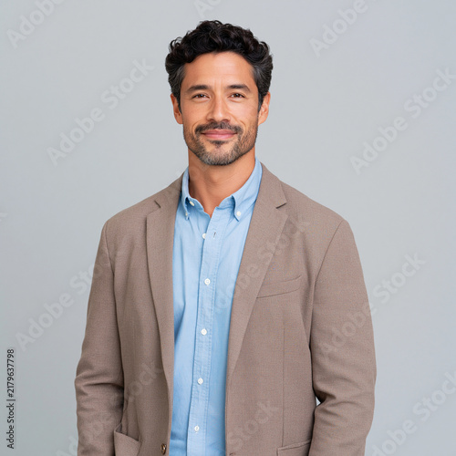 Latino Male Teacher Half Body Portrait On Gray Background