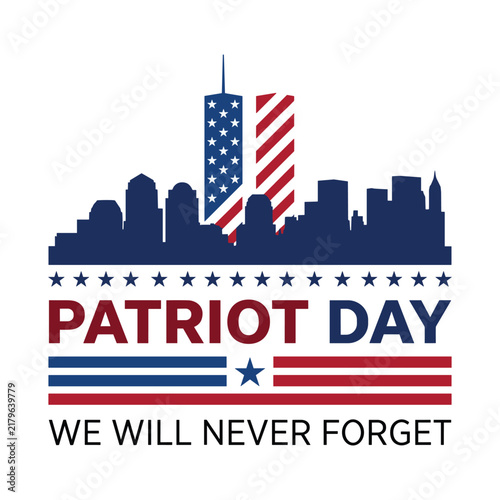 Patriot day with new york city skyline silhouette, twin towers, and american flag patterns 9/11 de vector on white background