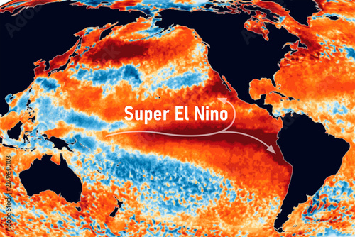 Map of the Pacific Ocean, water surface temperature anomalies, record accumulation of superheated water, the Super El Nino phenomenon in the entire history of human observations of the Earth climate.