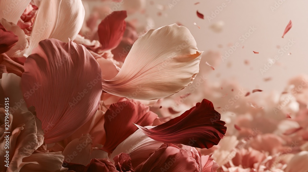 Fototapeta premium Luxury Perfume Advertising Background with Monumental Rose Petal Landscape, Abstract Floral Architecture in Dusty Rose and Champagne Tones