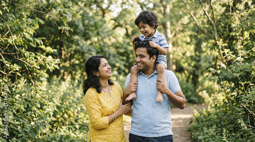 Happy Indian family walking in nature with father carrying young son on shoulders