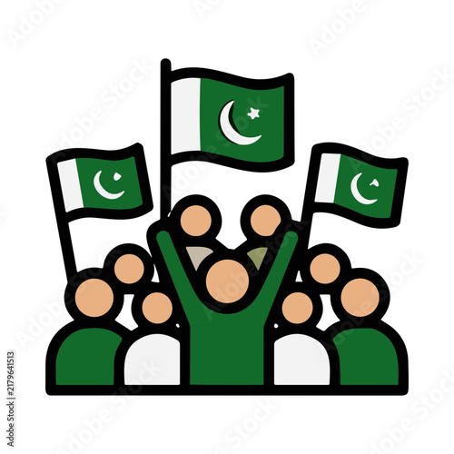 Bild auf Leinwand Crowd of people holding Pakistani flags and cheering at a celebration event