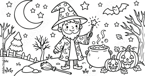 Black and white coloring page for kids featuring a cute wizard casting a spell with a magic cauldron