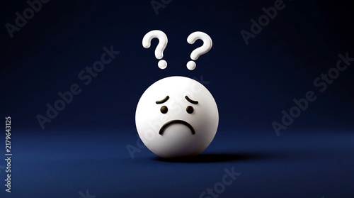 Confused face emoji with question marks on blue background