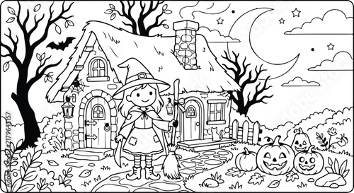 Spooky haunted house illustration with a full moon and bare trees on a halloween night