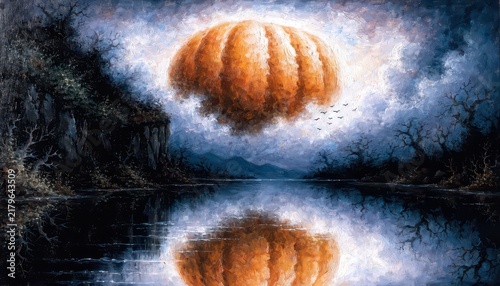 Surreal halloween landscape with a gigantic floating pumpkin over water