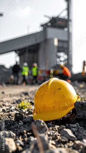 Yellow Construction Helmet on Rocky Ground with Industrial Site in Background Under Bright Sky