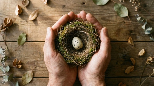 Hands Holding Fragile Moss Nest with Egg Surrounded by Dry Leaves
