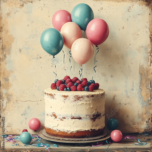 Birthday Cake with Colorful Balloons, Party and Celebration Concept