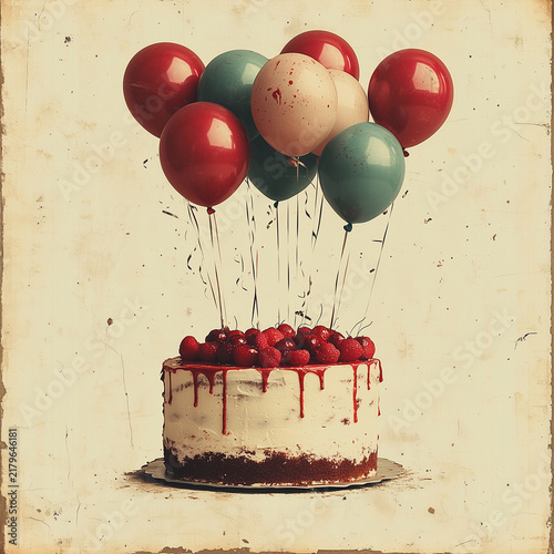 Birthday Cake with Colorful Balloons, Party and Celebration Concept