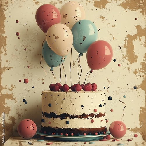 Birthday Cake with Colorful Balloons, Party and Celebration Concept