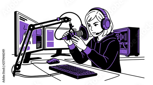 Young Female Content Creator Broadcasting Live Stream from Home Studio