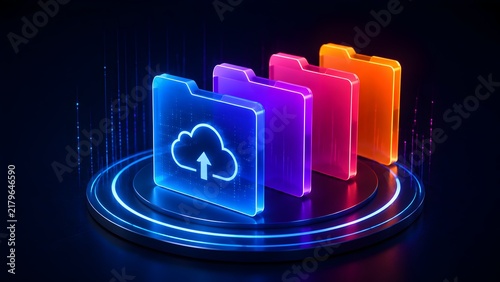 Naklejka Cloud computing data storage concept with glowing colorful digital folders representing network server archive and virtual information management