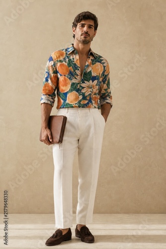 Confident young man in citrus-patterned button-down shirt holding leather notebook, stylish business-casual attire with white tailored trousers and loafers, neutral-toned studio background