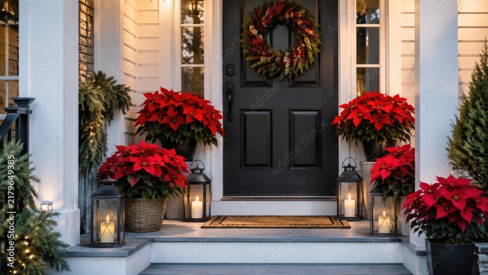 Fototapeta premium Cozy festive front porch with black door, wreath, red poinsettias, lanterns, doormat and warm evening lighting