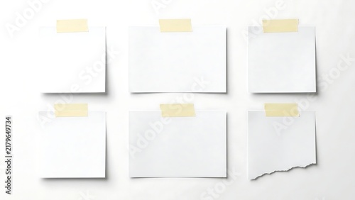Six empty blank paper sheets taped to surface with sticky masking tape