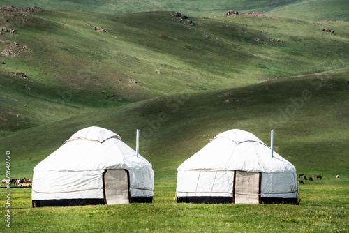 View of two traditional white yurts set in the vast green pasture of Song-Kul surrounded by rolling hills and grazing horses in Naryn Region, Kyrgyzstan.