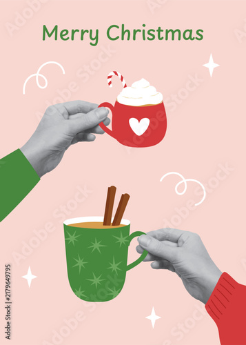 Creative Christmas greeting card in pop art collage style. Hands holding festive red and green mugs on pink background