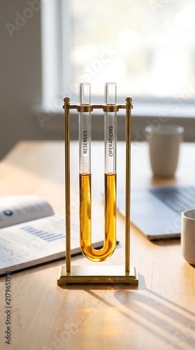 U-tube manometer with yellow liquid on a desk for scientific research and fluid physics