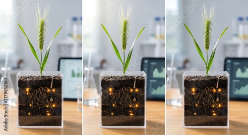 Green wheat sprout in a glass cube with fairy lights on a laboratory desk