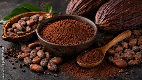 Bowl of rich cocoa powder surrounded by cocoa beans and cacao pods with a wooden spoon on a dark rustic surface