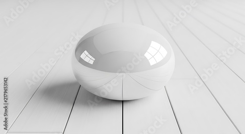 Pristine White Orb Gracefully Reflecting its Surroundings on a Minimalist Light Wooden Floor, Embodying Purity and Modern Simplicity