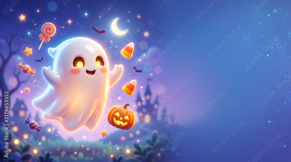 Naklejka premium Cute cartoon ghosting halloween spirit floating with pumpkin and candy corn under the moonlight in a spooky night scene