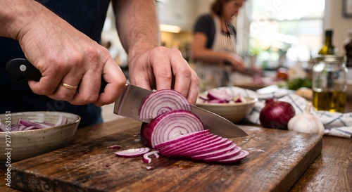 Man slicing red onion on wooden cutting board in modern kitchen  