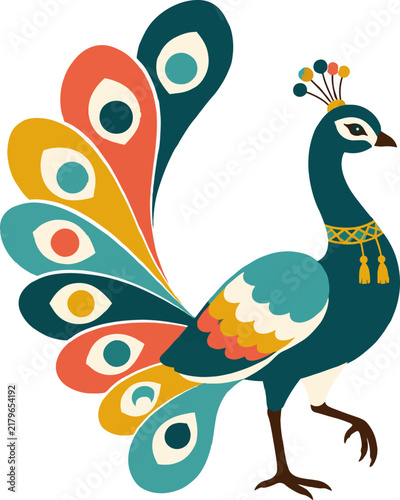Decorative Folk Art Peacock with Colorful Ornamental Tail Isolated on White Background