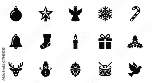 Collection of christmas silhouettes depicting ornaments winter symbols and festive decorations ornament star angel snowflake