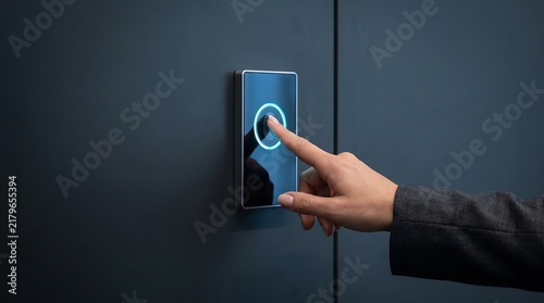 Hand pressing a digital smart home control panel for modern building automation and security.