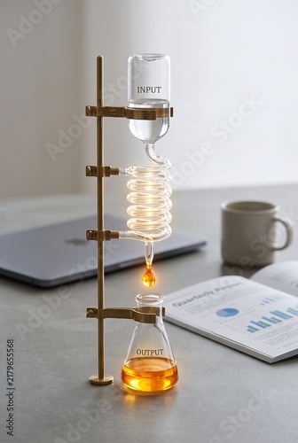 Cold drip coffee maker with glass apparatus and brass stand on a modern office desk