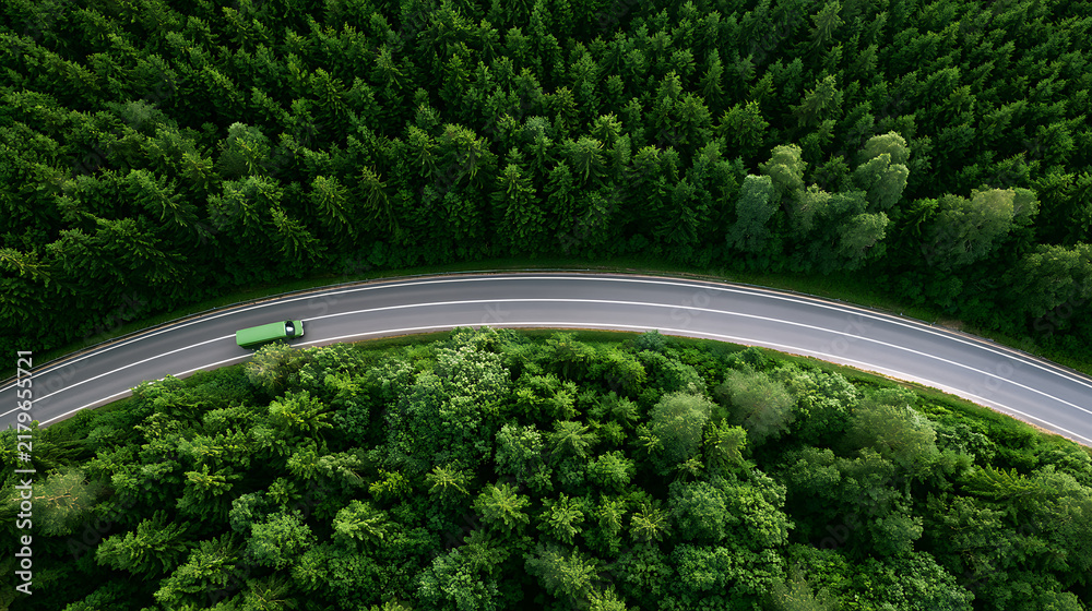 Obraz premium Aerial view of a delivery van drive on a curved asphalt road through a dense green pine forest landscape on a bright sunny summer day