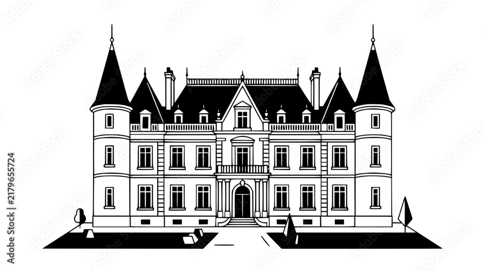 Fototapeta premium Elegant Black and White Manor House Illustration with Towers and Gardens