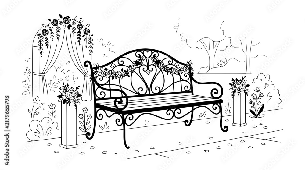 Obraz premium Ornate Garden Bench with Floral Arch and Blooming Flowers