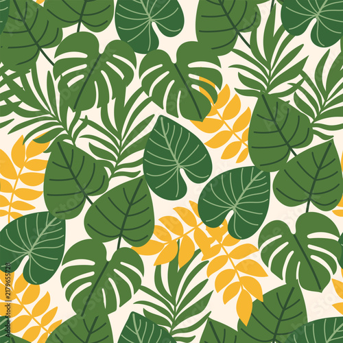 Seamless pattern with tropical leaves. Green leaf plants. Jungle nature background, endless design. Abstract botanical fabric, wallpaper, textile, wrapping. Flat vector illustration.