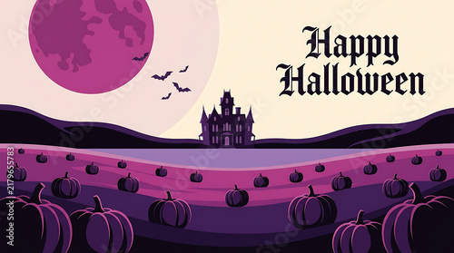 Spooky halloween scene with haunted house pumpkins and a full moon in pixel art style