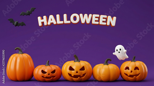 Festive halloween scene with pumpkins a ghost bats and bold text on purple background