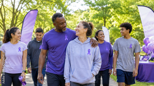 Diverse group of smiling participants wearing purple shirts and ribbons at an outdoor awareness walk in a sunny park