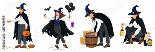 Collection of diverse people in wizard and witch costumes celebrating Halloween with festive props like pumpkins and lanterns, isolated on a white background.